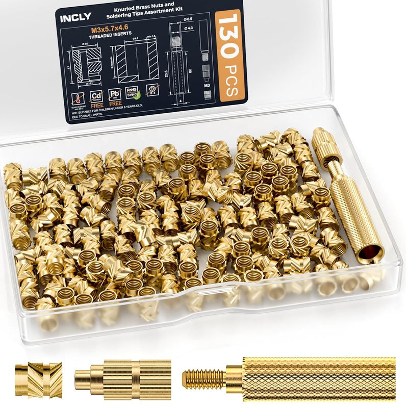 INCLY 130PCS M3 Heat Set Inserts, with Soldering Iron Tip and Adapter, M3x5.7 Female Thread Metric Knurled Nuts Assortment Kit, Brass Threaded Inserts for Plastic 3D Printing Components - Image 1